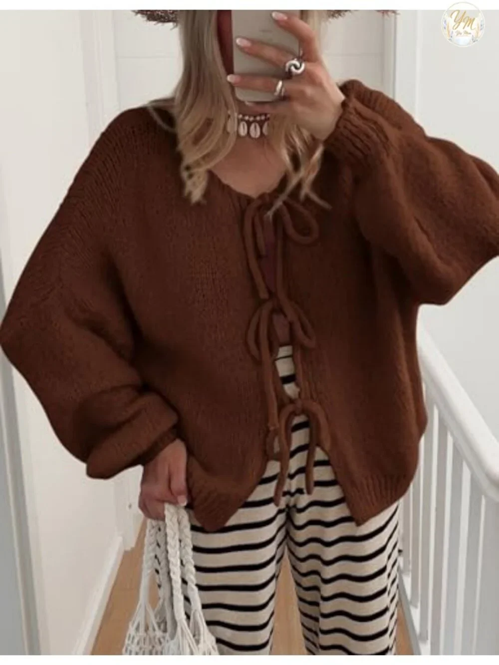 Women's Tie Front Bow Cardigan, Puff Sleeve Cable Knit Open Front Sweater